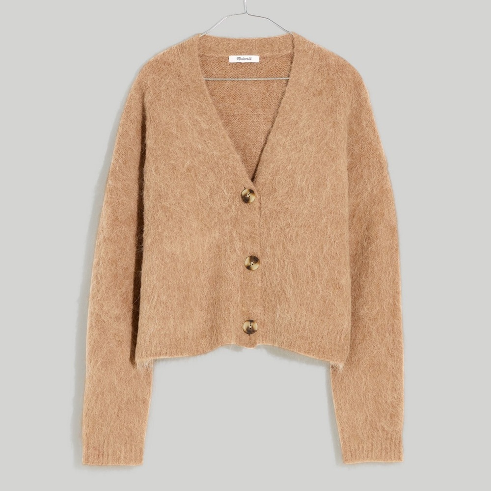 Madewell fuzzy camel colored cropped cardigan